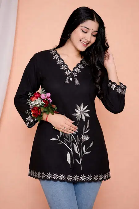 FF Black Cotton Designer Western Wholesale Ladies Top Tunic Suppliers In Mumbai